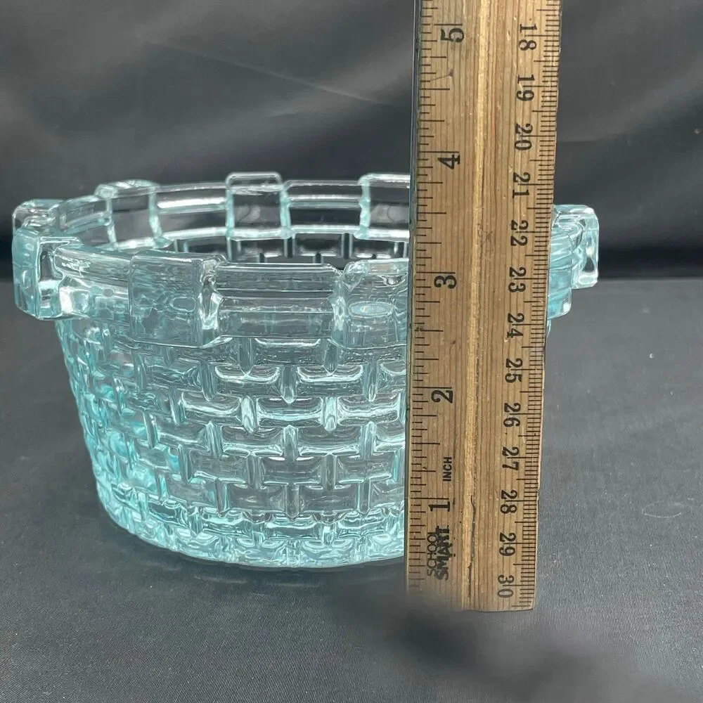 Vintage Blue Glass Basket Weave Bowl Aqua Seafoam Textured Candy Dish